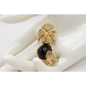 Vintage 1950s Dog Brooch Black Lucite Belly Googly Eyes Gold